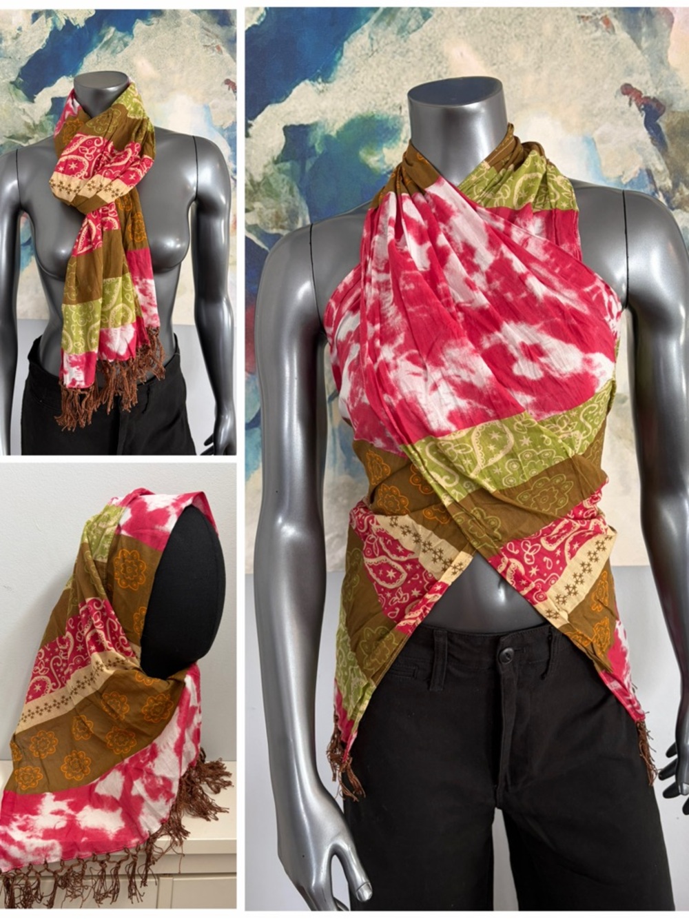 CLAIRE'S Pink Green Brown Cream Tie-Dye & Paisley Scarf Wrap